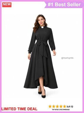 Womens Clergy Dress Long Sleeve Tab Collar High Low Maxi Minister